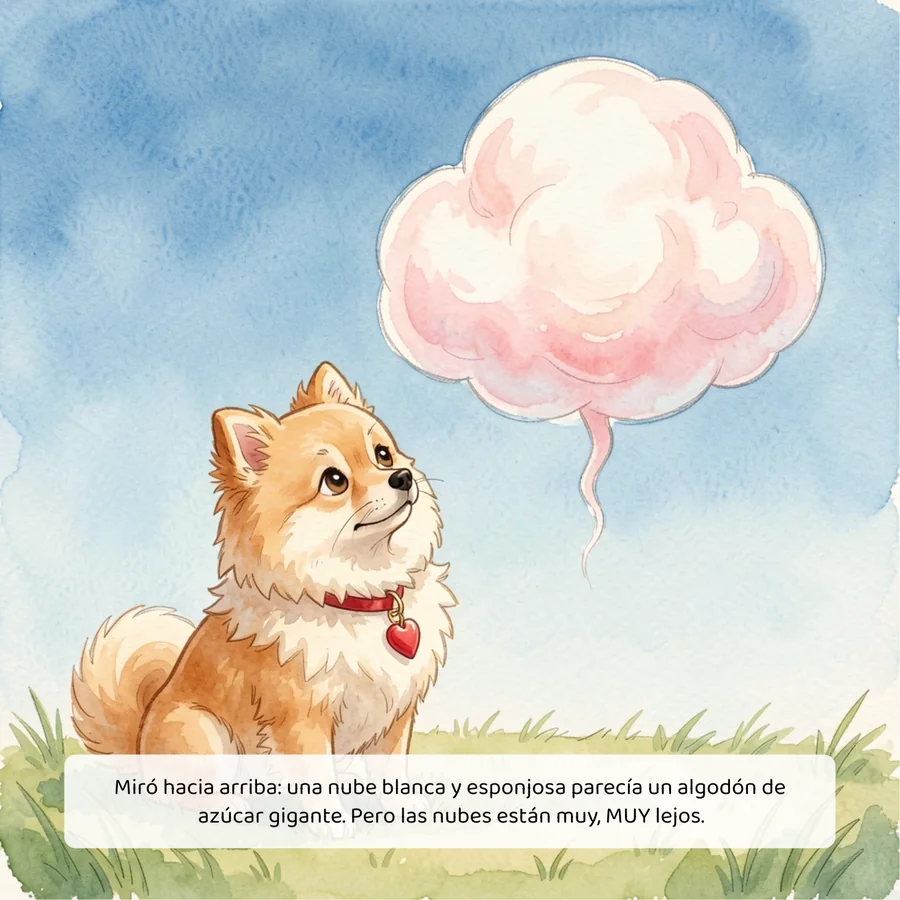 Printed page: the Pomeranian looking up at a cotton-candy cloud