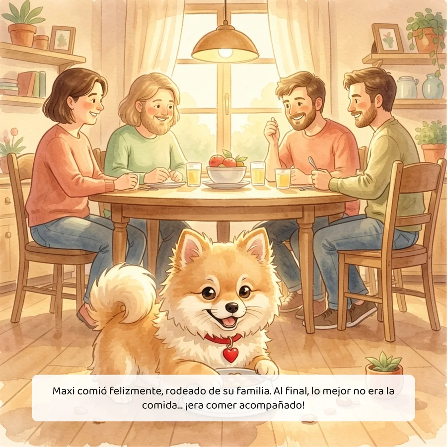 Printed page: the Pomeranian under a family dinner table