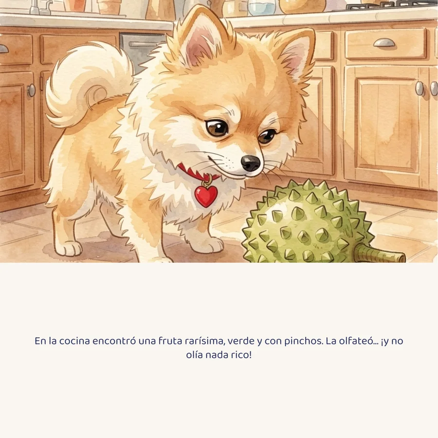 Printed page: a watercolor Pomeranian sniffing a spiky green fruit in a kitchen