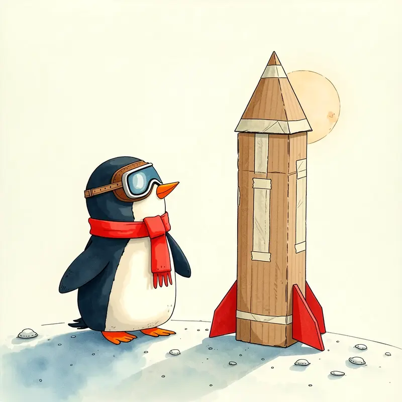 Watercolor painting of a penguin in goggles beside a cardboard rocket